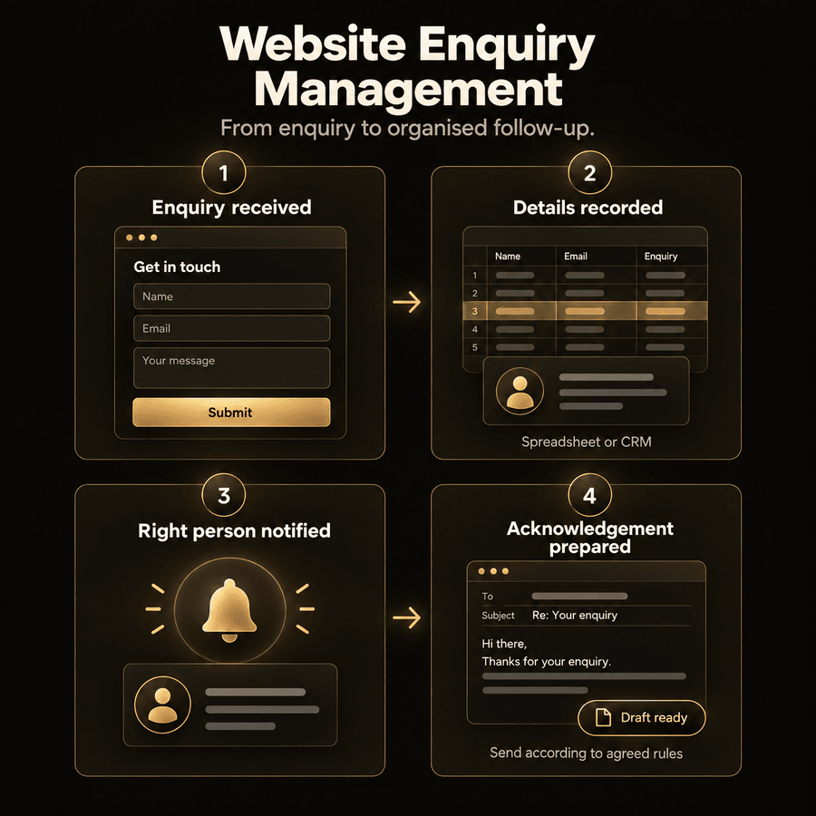 Website Enquiry Management — enquiry received, details recorded, right person notified, acknowledgement prepared