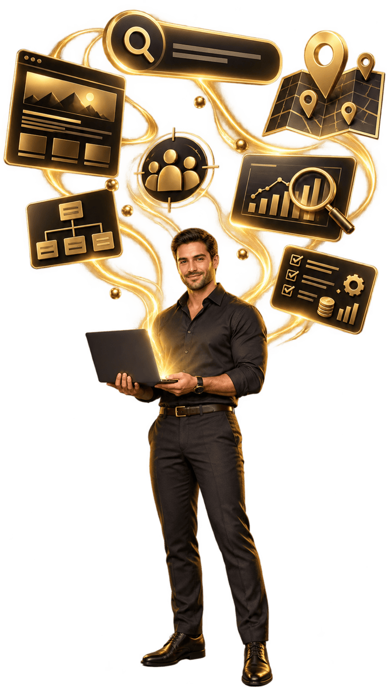 Illustration of a smiling professional holding a laptop, surrounded by glowing gold icons representing search, website pages, location pins, audience targeting, analytics, and site structure
